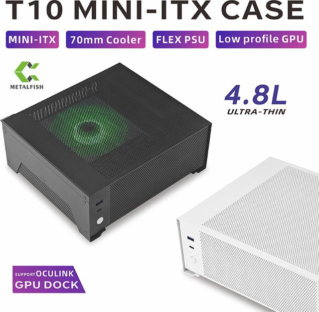 METALFISH T10 Mini ITX-Gehäuse in Schwarz, 4,8 l, kompaktes Bürogehäuse mit Unterstützung für FLEX-Netzteil, 70 mm hohen Kühler und OCULINK-Erweiterungskarte - Bild 1