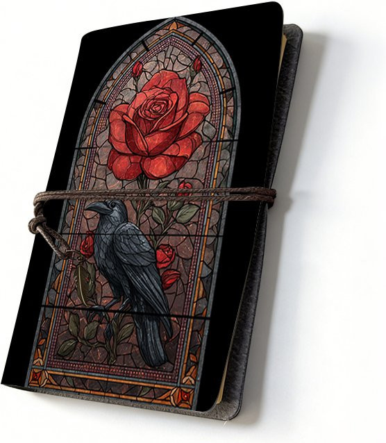 Buntglas-Rabe-Rose A6 Leder-Notizbuch im gotischen Hexenstil, schwarzes Hardcover Reisetagebuch für Okkult- und Literaturliebhaber - Bild 1