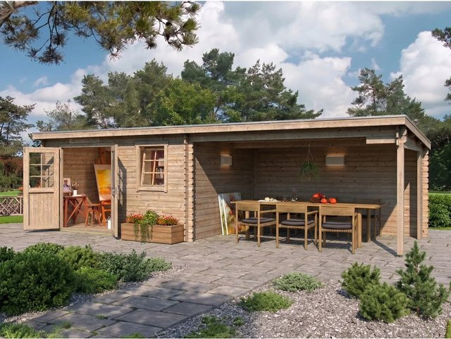 Lasita Gartenhaus Aida Log Cabin mit Anbaudach in Natur mit 28 mm Wandstärke, B/T/H: 780 x 314 x 211 cm - Bild 1