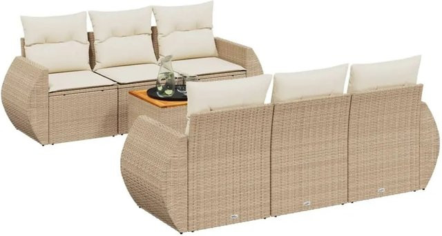 vidaXL 7-teilige Garten-Sofagarnitur aus Poly-Rattan und Akazienholz in Beige-Creme mit Kissen - Bild 1