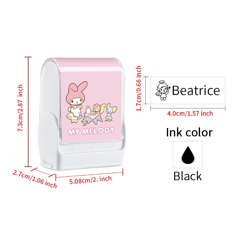 Personalisierter wasserfester Namensstempel von Joytop mit abwaschbarer Tinte und My Melody Design in Pink für den Schulbedarf - Bild 2