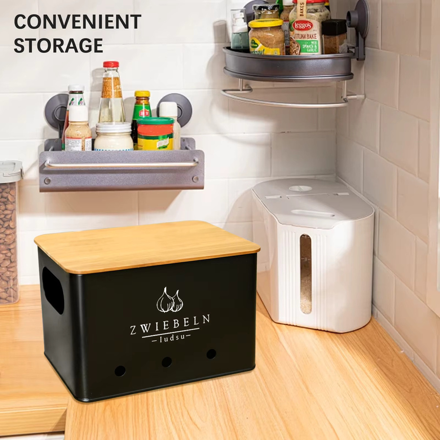 SAEIV 3-teiliges Metall-Kartoffelbox-Set mit Bambusdeckel in Schwarz oder Weiß, stapelbare Aufbewahrungsboxen für Kartoffeln, Zwiebeln und Knoblauch mit Lüftungslöchern - Bild 3