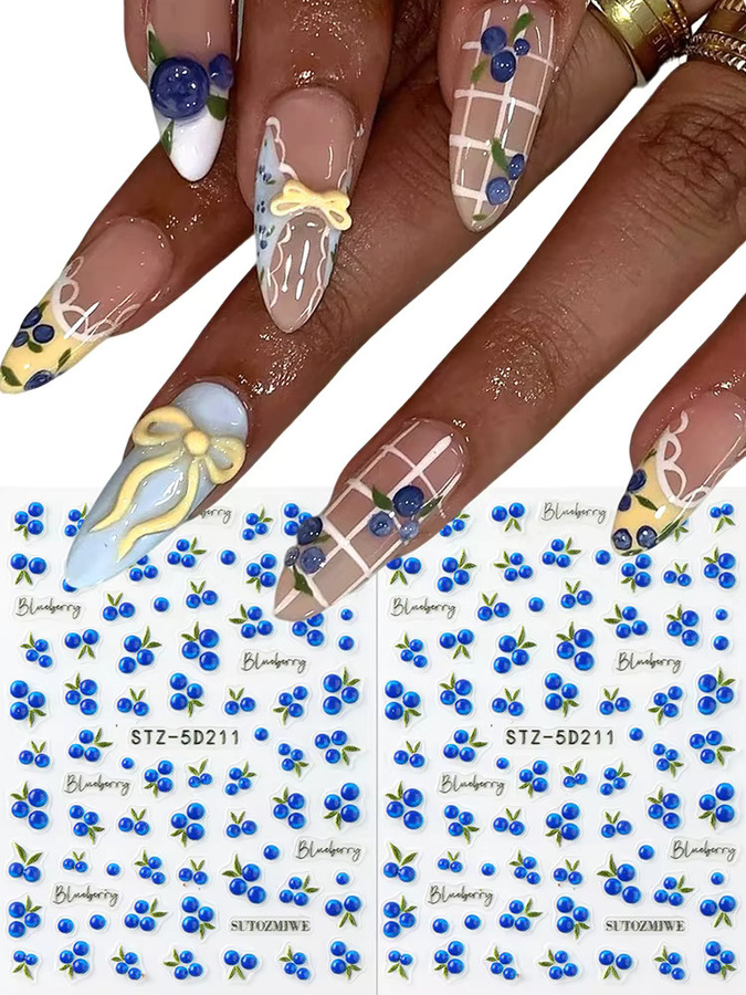 2 Stück Nagelkunst-Sticker, Blaubeer-Gelee, 5D Geprägte Beeren, Glänzend - Bild 5