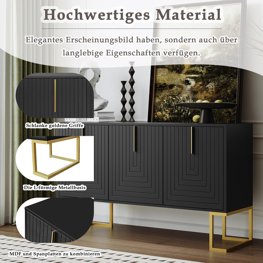 Flieks Sideboard Kommode mit 3 Türen in Schwarz, moderner Buffetschrank mit verstellbaren Ablagen, B/T/H: 138 x 40 x 80,5 cm - Bild 8