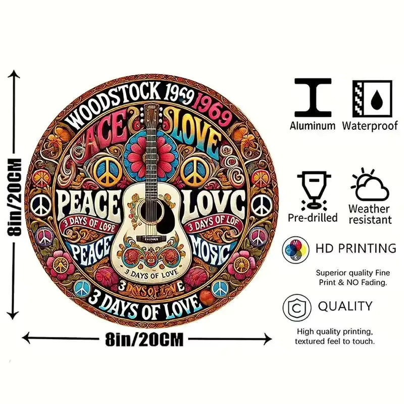 Potdemiel Wanddekoration Retro Design mit Gitarre und Blumen in Multicolour, Metall, Durchmesser: 20 cm - Bild 2