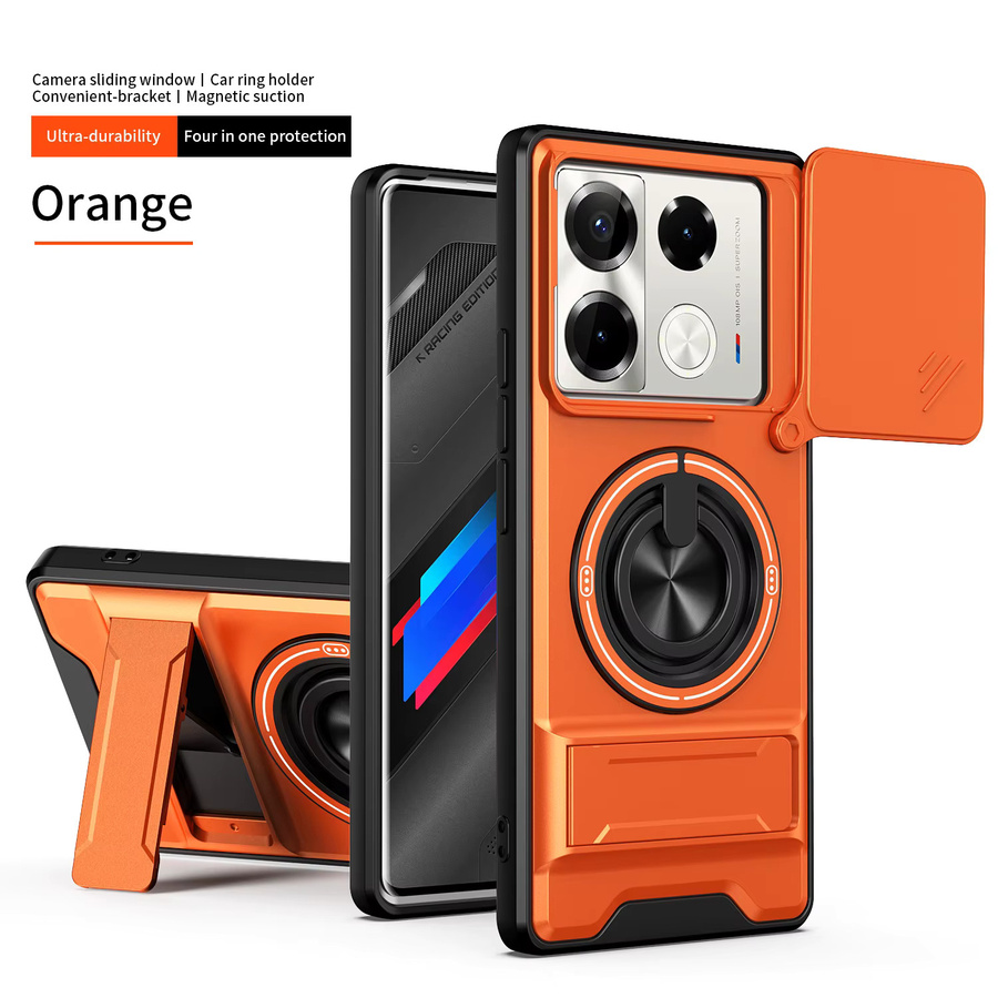 Stoßfeste Panzer-Handyhülle für Infinix Note Edge 60 50 40 30 Pro 40S 50S 50X mit Kameraschutz, Ständer und magnetischer Abdeckung in Silber und Orange - Bild 7