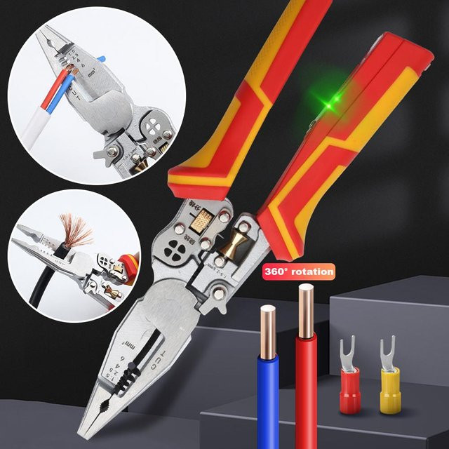 9-in-1 Multifunktions-Abisolierzange für Elektriker in Orange mit Spannungsprüfung, Kabelschneider und Crimpfunktion - Bild 1
