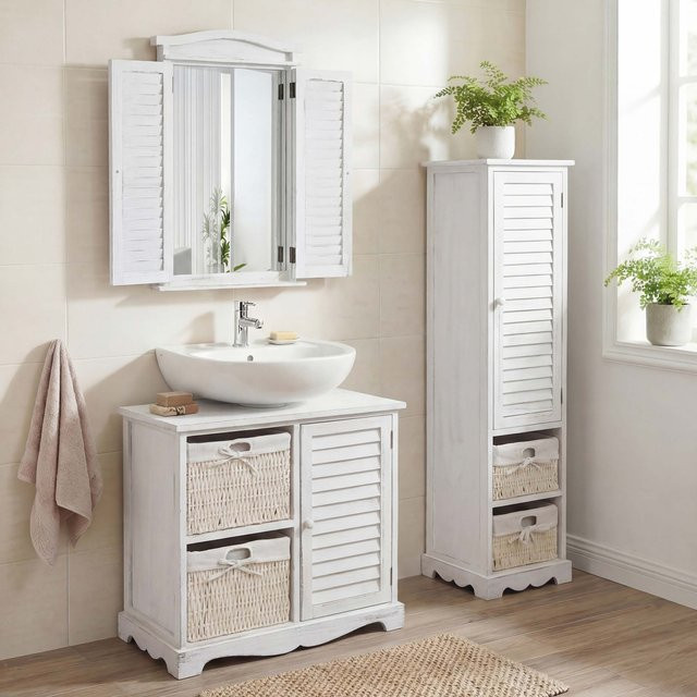 Badezimmerset MCW-H20 in Shabby Weiß bestehend aus Hochschrank, Waschbeckenunterschrank und Wandspiegel - Bild 1