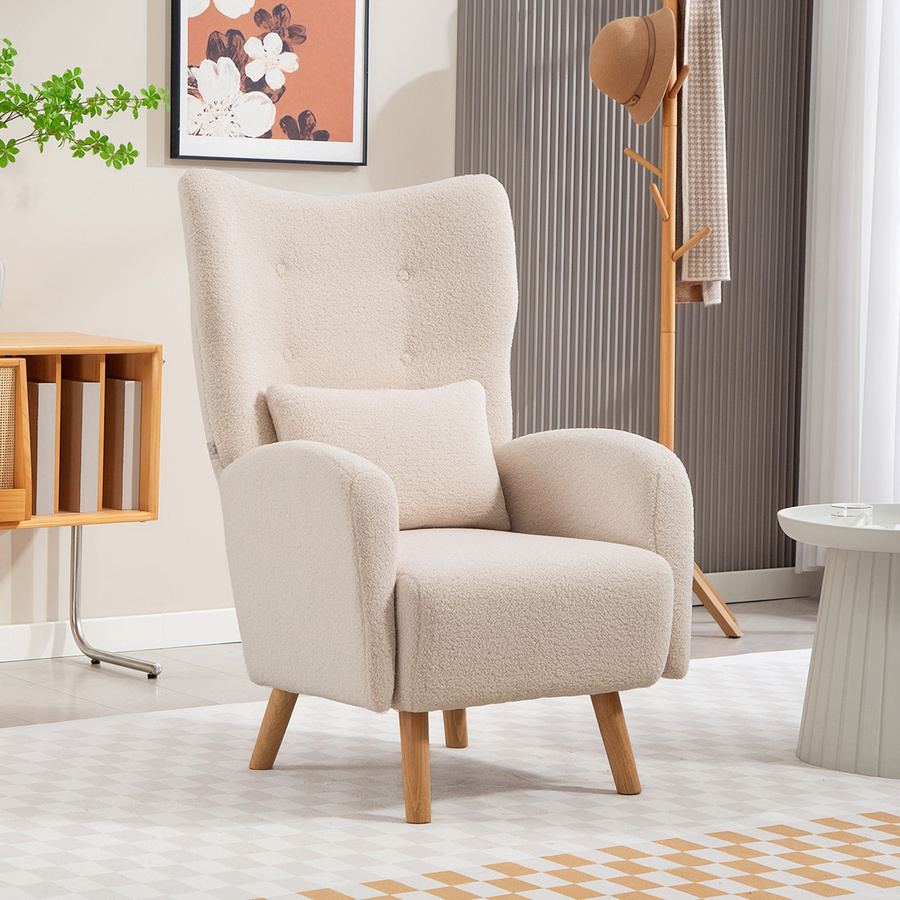 HOMCOM Ohrensessel Loungesessel mit Lendenkissen in Beige mit Sherpa Fleece-Optik und Diamanttufting sowie Holzbeinen - Bild 2