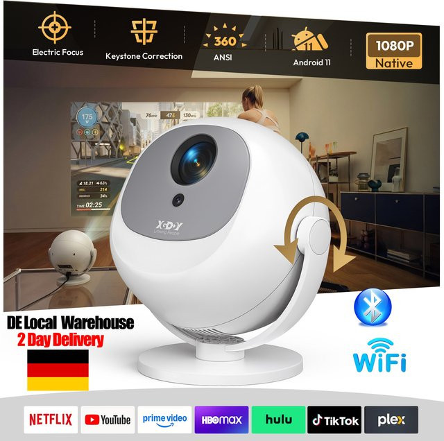 XGODY 4K Mini-Beamer mit Android 11, elektrischer Fokus und Full HD Auflösung, tragbarer Heimkino-Projektor in Weiß - Bild 1