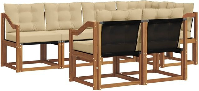 vidaXL Outdoor-Sofagarnitur 7-teilig in U-Form aus massivem Akazienholz mit Textilene und Kissen in Natur-Beige - Bild 1