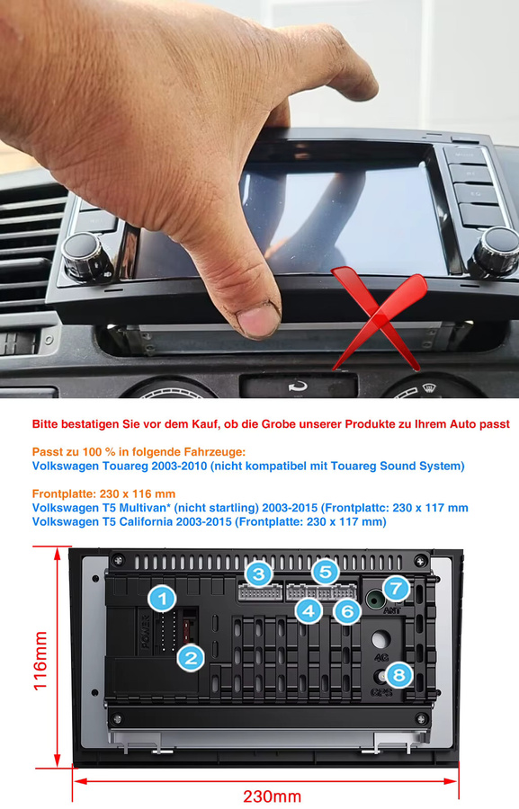 ESSGOO 7 Zoll HD Touchscreen Autoradio Multimedia Video Player mit CarPlay und Android 13 für VW Touareg Transporter T5 Multivan 2003-2015, Schwarz, 64G, GPS und WIFI - Bild 3