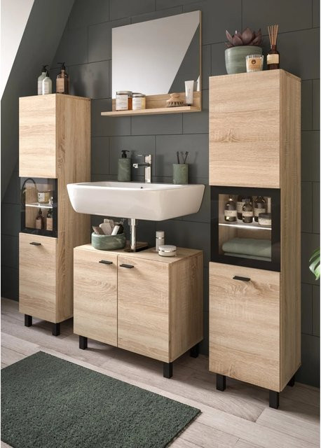 Inn.Furn Badmöbel-Set Lowell 4-teilig in Eiche, hängend oder stehend, Farbe Braun/Schwarz, B/T/H: 137 x 33 x 186 cm - Bild 1