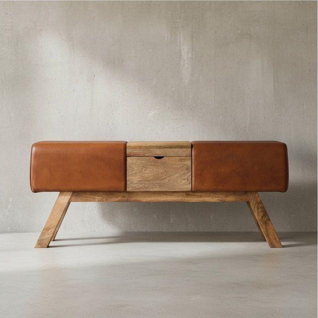 KADIMA DESIGN Retro Sitzbank aus echtem Leder in Braun mit Holzbeinen, Breite: 120 cm - Bild 1