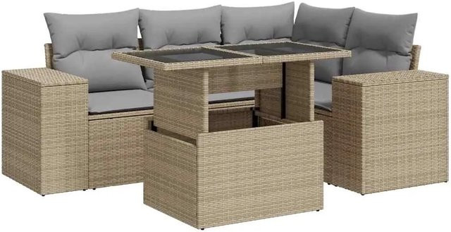 vidaXL 5-teilige Garten-Sofagarnitur in L-Form aus Poly-Rattan in Beige-Grau mit UV-beständigen Kissen und Metallrahmen - Bild 1