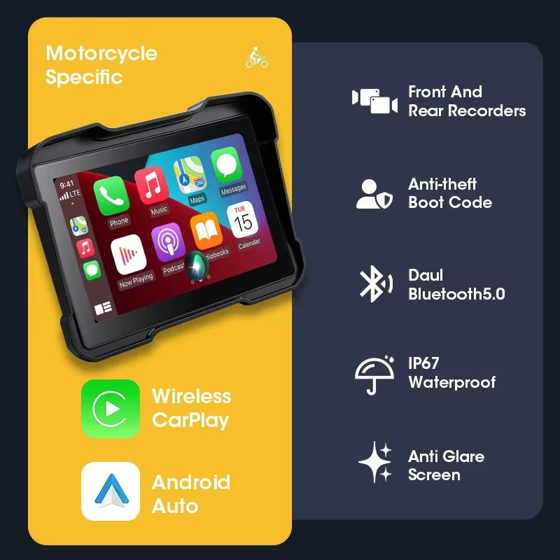 Srnubi 5-Zoll Motorrad-DVR-Navigation mit kabellosem CarPlay, Android Auto und Airplay, tragbares IPX7 Display in Schwarz - Bild 2