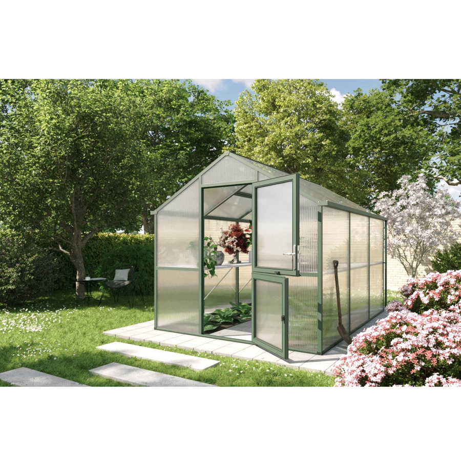 KGT Gewächshaus Iris III in Tannengrün mit 7,5 m² Fläche, Aluminiumrahmen und Polycarbonat-Verglasung inklusive geteilter Drehtür, automatischem Fensteröffner und Regenrinnen - Bild 2