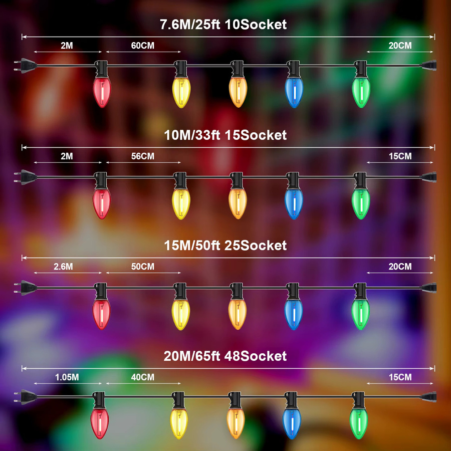 Grensk C7 Lichterkette RGB Multicolour, wasserdichte E12 LED-Straßengirlande aus bruchsicherem Kunststoff für die Außen- und Hofdekoration - Bild 5