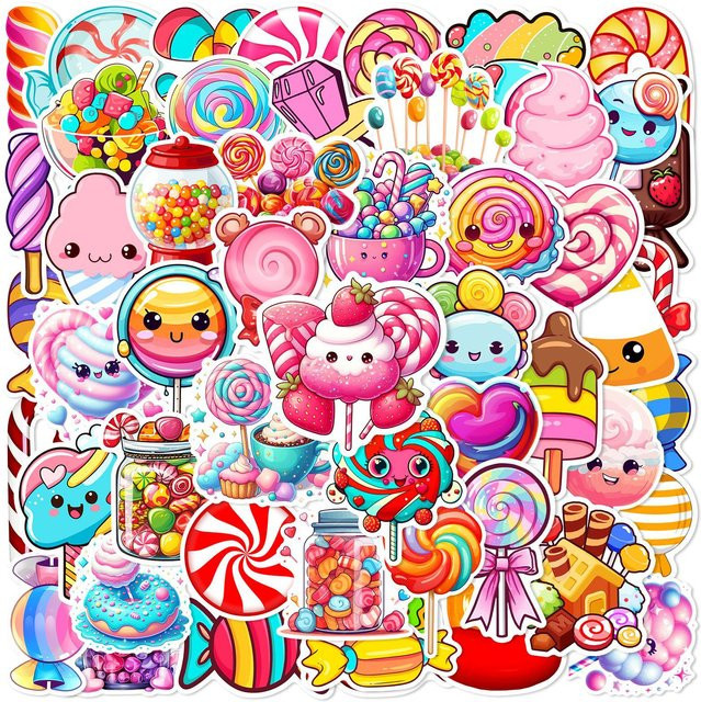 50 Stück wasserfeste Vinyl-Aufkleber mit Cartoon-Süßigkeiten-Lollipop-Motiv in Multicolour für Laptop, Skateboard und Gepäck - Bild 1