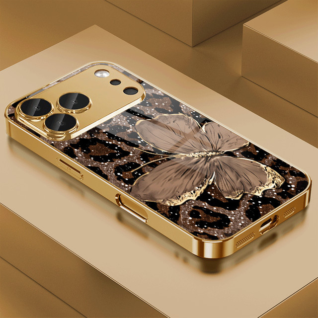 Goldfarbene iPhone Handyhülle aus Glas mit Leopardenmuster und Fallschutz für iPhone 17, 16, 15, 14, 13, 12 und 11 Pro Max - Bild 1