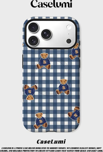 CaseLumi Matte Bumper MagSafe Hülle für iPhone 17 16 15 14 13 Pro Max mit Karomuster und Teddy-Charm in Blau - Bild 1