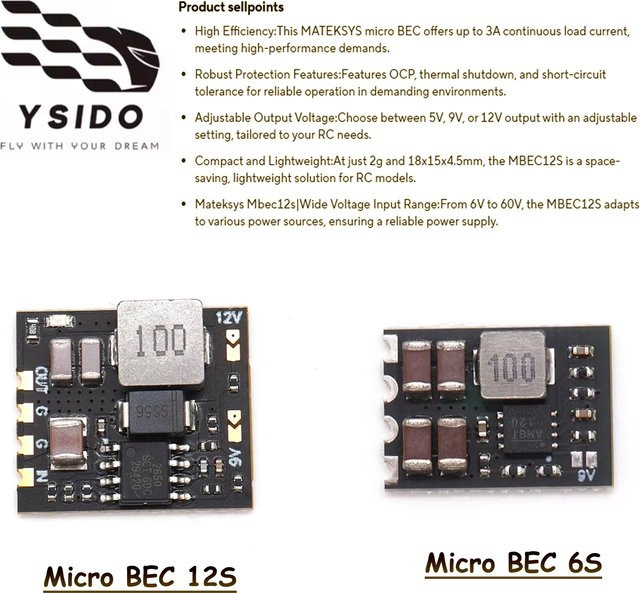 YSIDO Micro BEC Step-Down-Reglermodul 6-60V 12S 6S 5V/9V/12V-ADJ in Schwarz für RC-Modellflugzeuge, Helikopter und FPV-Renndrohnen - Bild 1