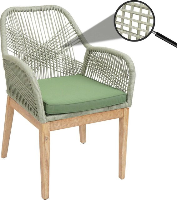 MCW Gartenstuhl H56b Sessel aus Akazie mit grünem Seilgeflecht und grünen Kissen - Bild 1