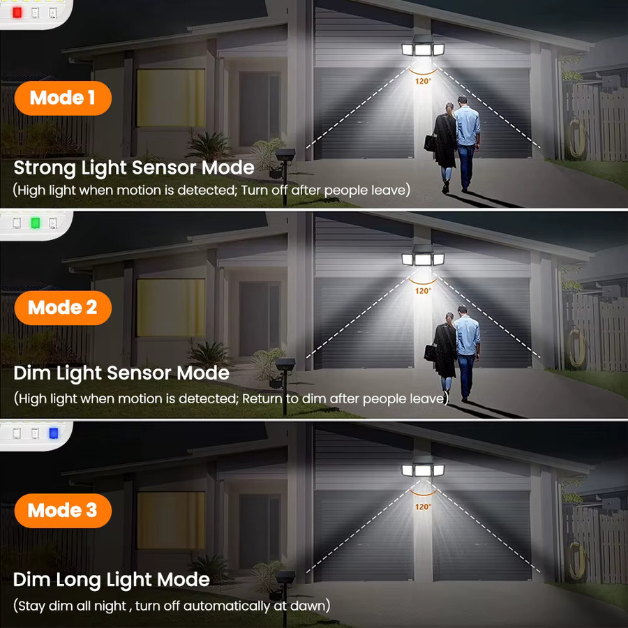 Solar-Außenleuchten mit 286 LED und Bewegungssensor, IP65 wasserdichte Solar-Sicherheitsflutlichter für den Garten, 3-Kopf-Design in Schwarz und Weiß - Bild 4