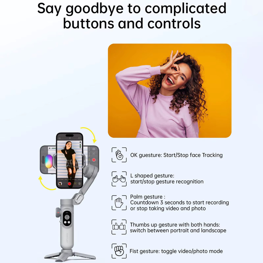AOCHUAN Smart XPro 3-Achsen-Smartphone-Gimbal-Stabilisator mit RGB-Video-Fülllicht für iPhone und Android, Grau - Bild 3