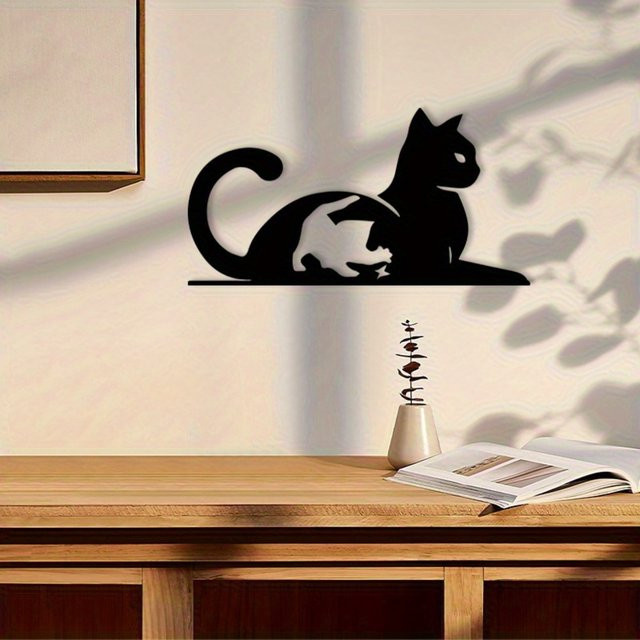Vintage Katzen-Metallwandkunst von CIFBUY in Schwarz aus pulverbeschichtetem Eisen - Bild 1