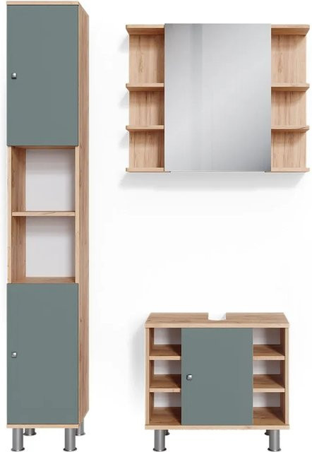 Vicco Badmöbelset Fynn in Eiche Grün mit Spiegelschrank, Unterschrank und Hochschrank - Bild 2