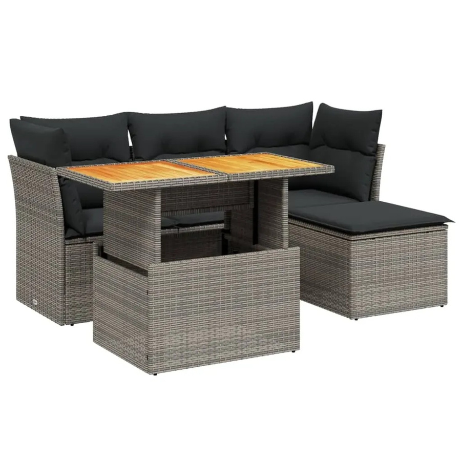 vidaXL 6-teilige Garten-Sofagarnitur in L-Form aus grauem Poly-Rattan mit Kissen und Akazienholz - Bild 2