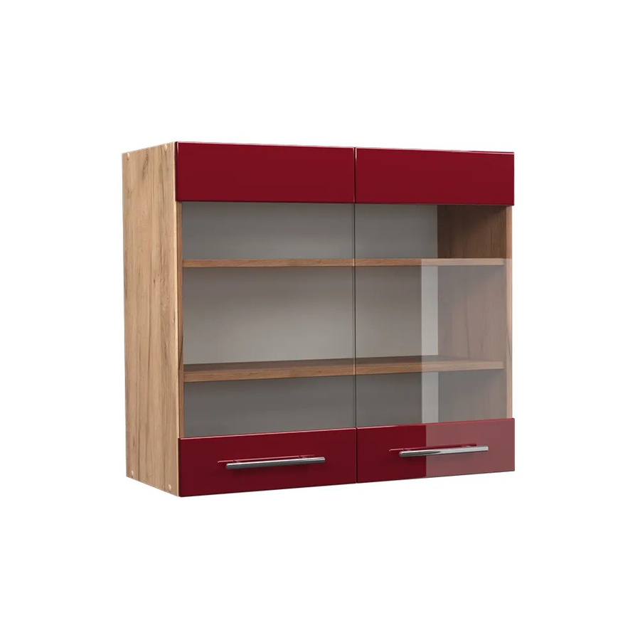Vicco Hängeglasschrank Fame-Line Küchenschrank in Eiche Rot Bordeaux Hochglanz mit Softclose-Scharnieren und Glasfront, Breite: 80 cm - Bild 3