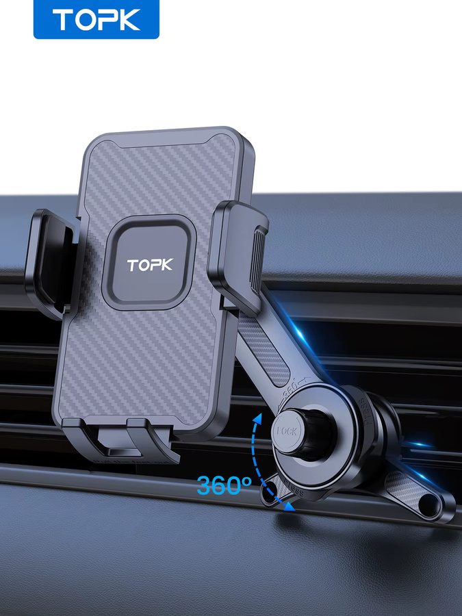 TOPK Autotelefonhalterung mit 3-Punkt-Unterstützungsdesign, 360 Grad drehbarer und ausziehbarer Arm mit Metallhaken in Schwarz - Bild 7