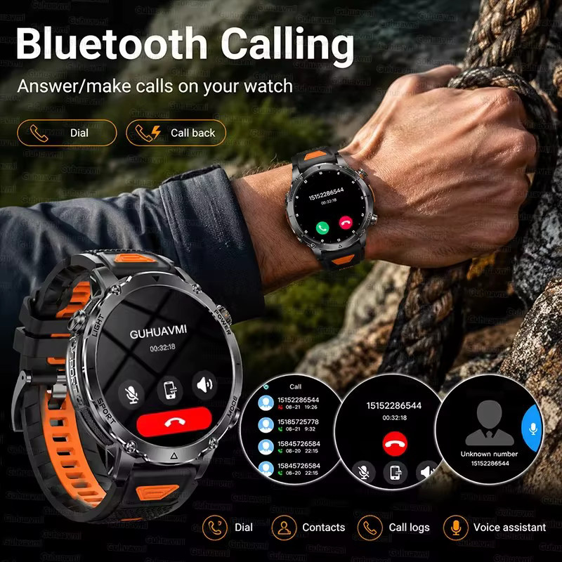 GUHUAVMI Outdoor Militär Smartwatch in Schwarz mit GPS-Sportverfolgung, Bluetooth-Anruffunktion, Taschenlampe und IP68 Wasserdichtigkeit sowie 1400mAh Akku - Bild 5