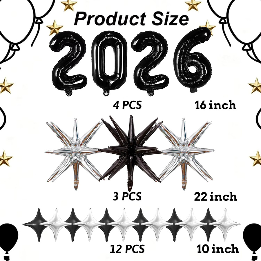 9-teiliges Silvester Party Set mit Frohes Neues Jahr Banner und Folienballons in Schwarz und Silber - Bild 2