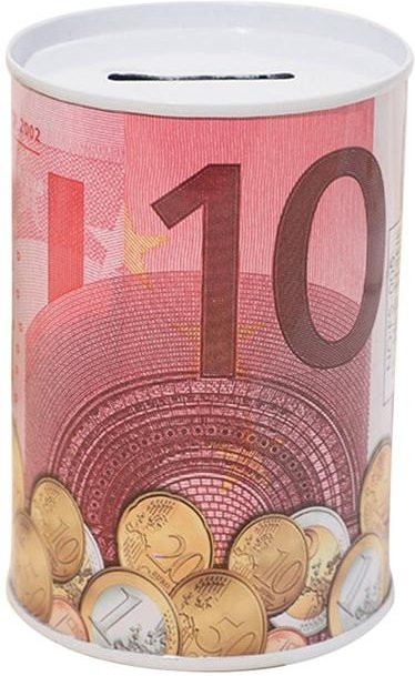 Sparschwein aus Weißblech in Zylinderform mit Euro und Dollar Motiv, Mehrfarbig - Bild 1