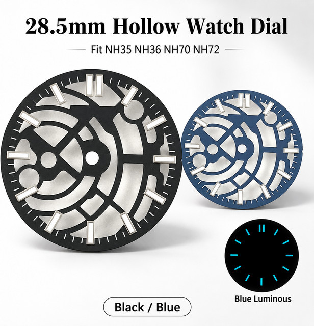 RICHUS Uhrenzifferblatt Skelett, Schwarz, Blau, 28,5 mm, Unisex - Bild 1