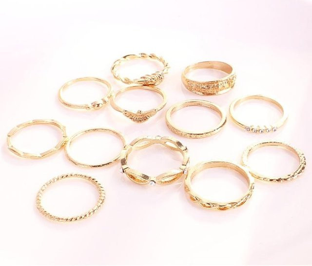 Ring Retro Diamantring, 12-teiliges Set, Damen, gold - Bild 1