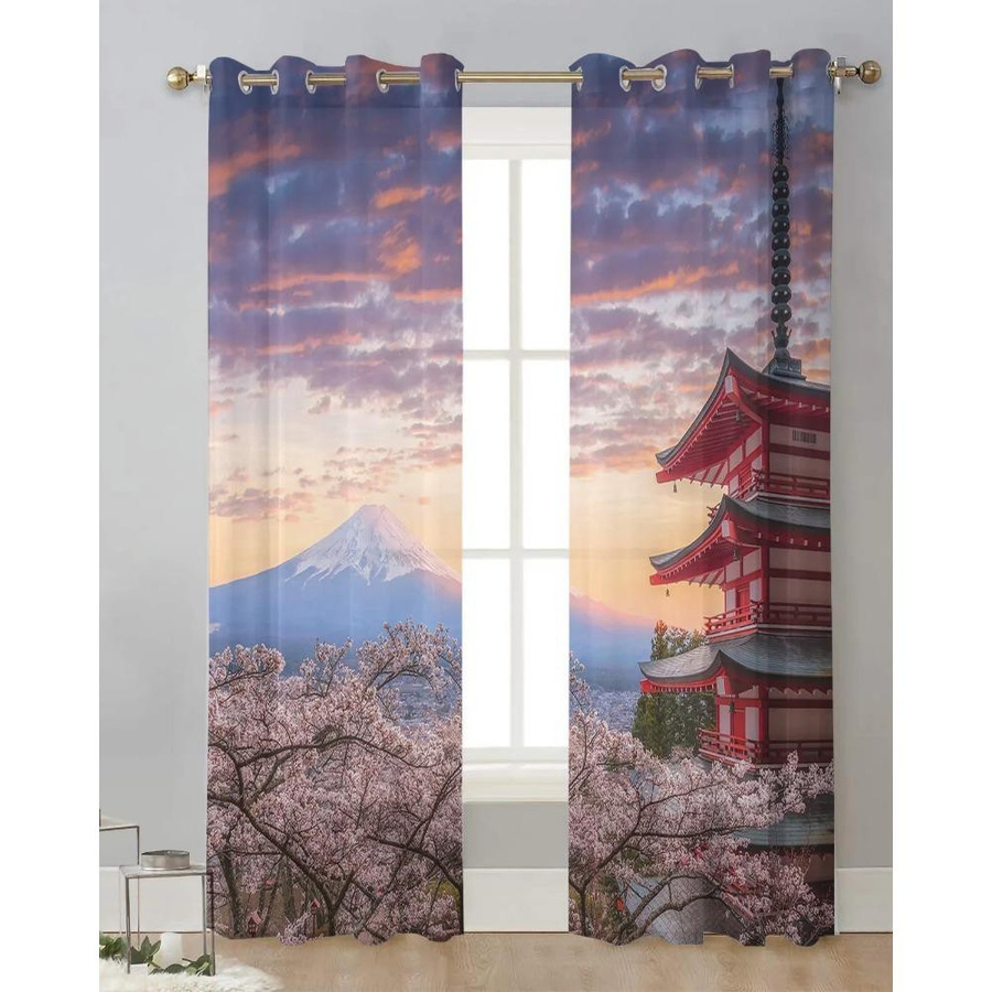 Yiran Furniture Transparente Vorhänge Japan Berg Fuji Kirschblüte aus Tüll Organza und Voile, B: 135 cm, H: 215 cm - Bild 1