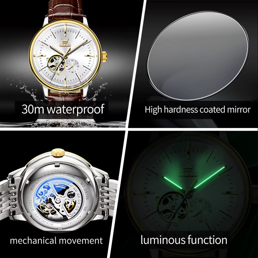 OLEVS Armbanduhr, Automatik, Edelstahl, Gold, Leder, Herren - Bild 6