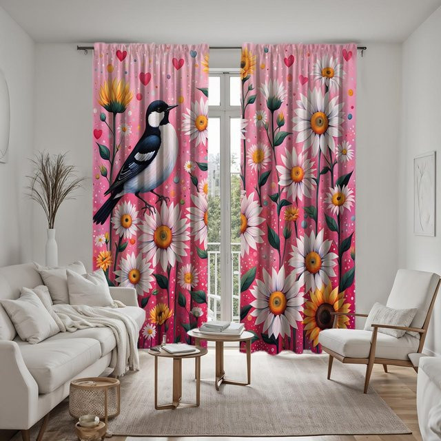 2er-Set dekorative Vorhänge mit Gänseblümchen-Print in Rosa, digital bedruckte Stoffvorhänge für Wohnzimmer und Schlafzimmer, B: 132 cm, H: 160 cm - Bild 1