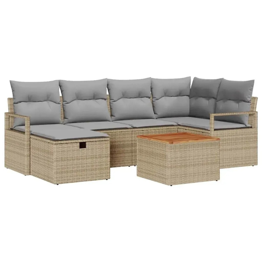 vidaXL Garten-Sofa-Set aus Polyrattan in Beige, 7-teiliges L-Shape Lounge-Set mit Kissen und integriertem Stauraum - Bild 2