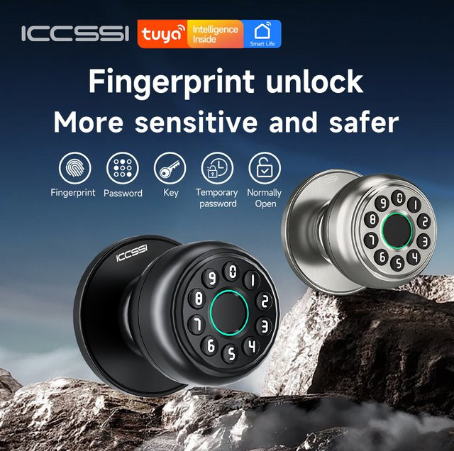 ICCSSI Intelligentes Türschloss in Schwarz mit Fingerabdruck, Passwort, IC-Karte und Tuya-App-Steuerung inklusive mechanischem Schlüssel - Bild 1