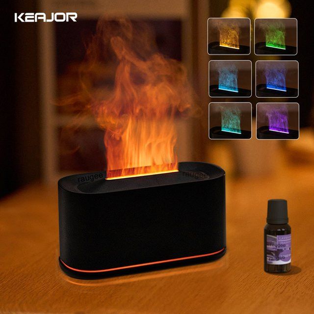 Raugee Aroma-Luftbefeuchter und Flammen-Diffusor für ätherische Öle mit LED-Nachtlicht in Schwarz - Bild 1