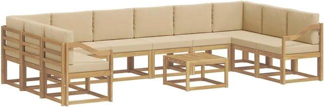 vidaXL Outdoor-Sofagarnitur L-Form aus Akazienholz mit 11 Kissen in Weiß und Beige - Bild 1