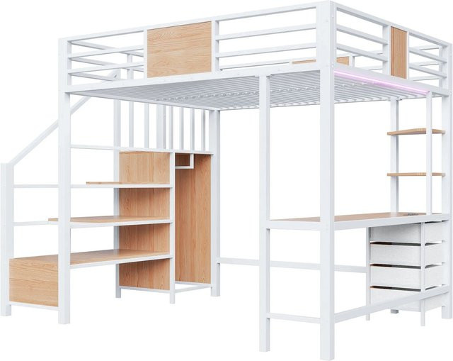 Merax Hochbett mit Schreibtisch, LED-Beleuchtung und USB-Ladeport, Metall und MDF, B/T/H: 200 x 140 x 175 cm - Bild 1