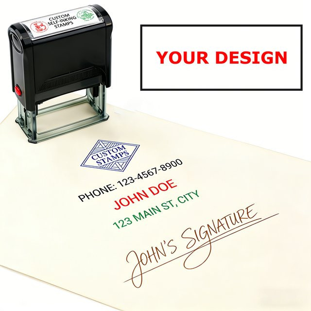 Individuell anpassbarer selbstfärbender Rechteck-Stempel in Schwarz für Adresse und Nummer mit verschiedenen Abmessungen - Bild 1