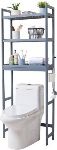 VEVOR Badezimmer Organizer aus Bambus, 3-stufiges Standregal über der Toilette mit verstellbaren Ablagen und 3 Haken, Grau - Bild 1