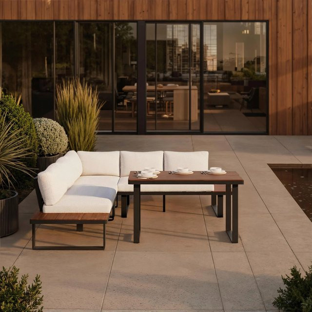 Bessagi Garden Dining-Loungeset Gianna aus Akazienholz und Metall mit Abdeckung in Beige, Schwarz und Weiß - Bild 1